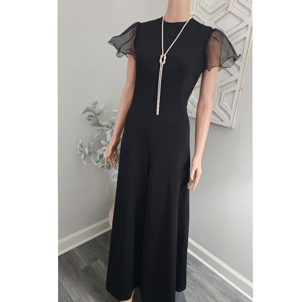 Vintage 70's Mel Warshaw Black Ruffle Sheer Organza Sleeves Wide Legs Jumpsuit